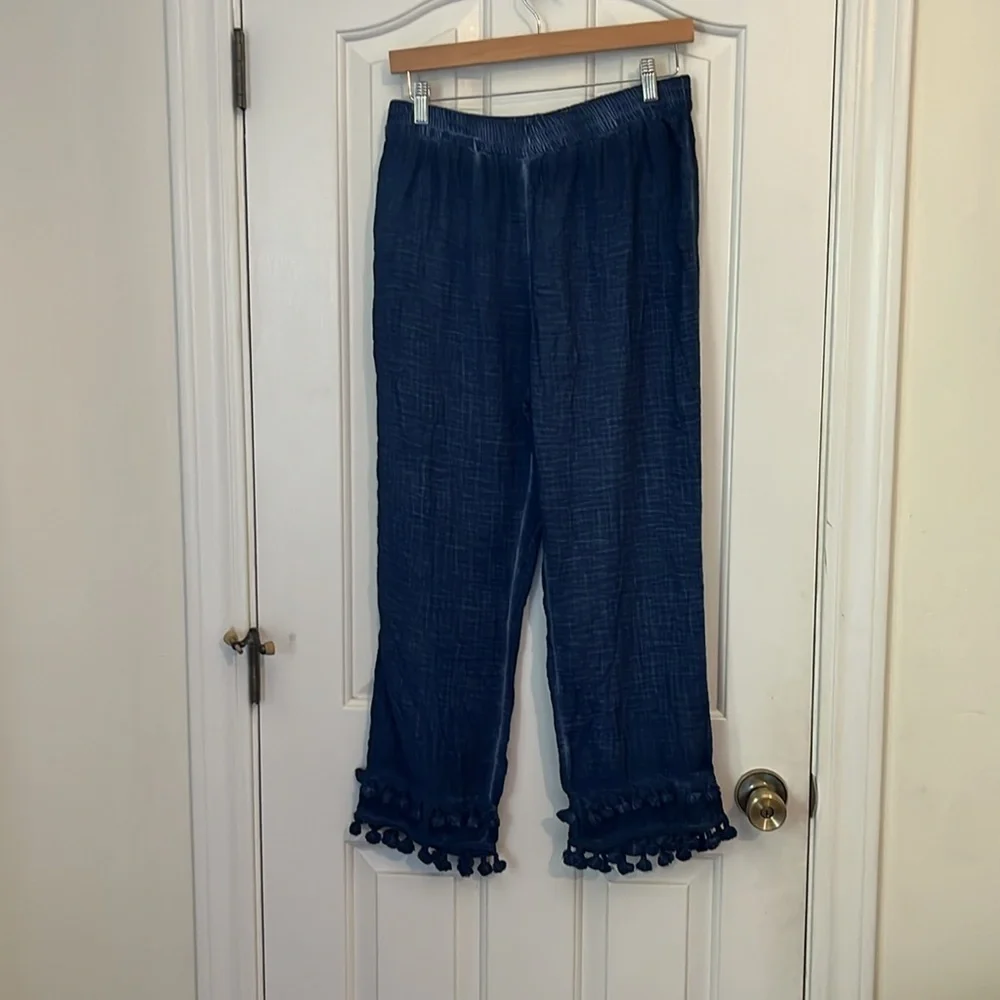 NWT NIC+ZOE | Double Gauze Straight Leg‎ Tassel Pant Parisian Blue Size Medium